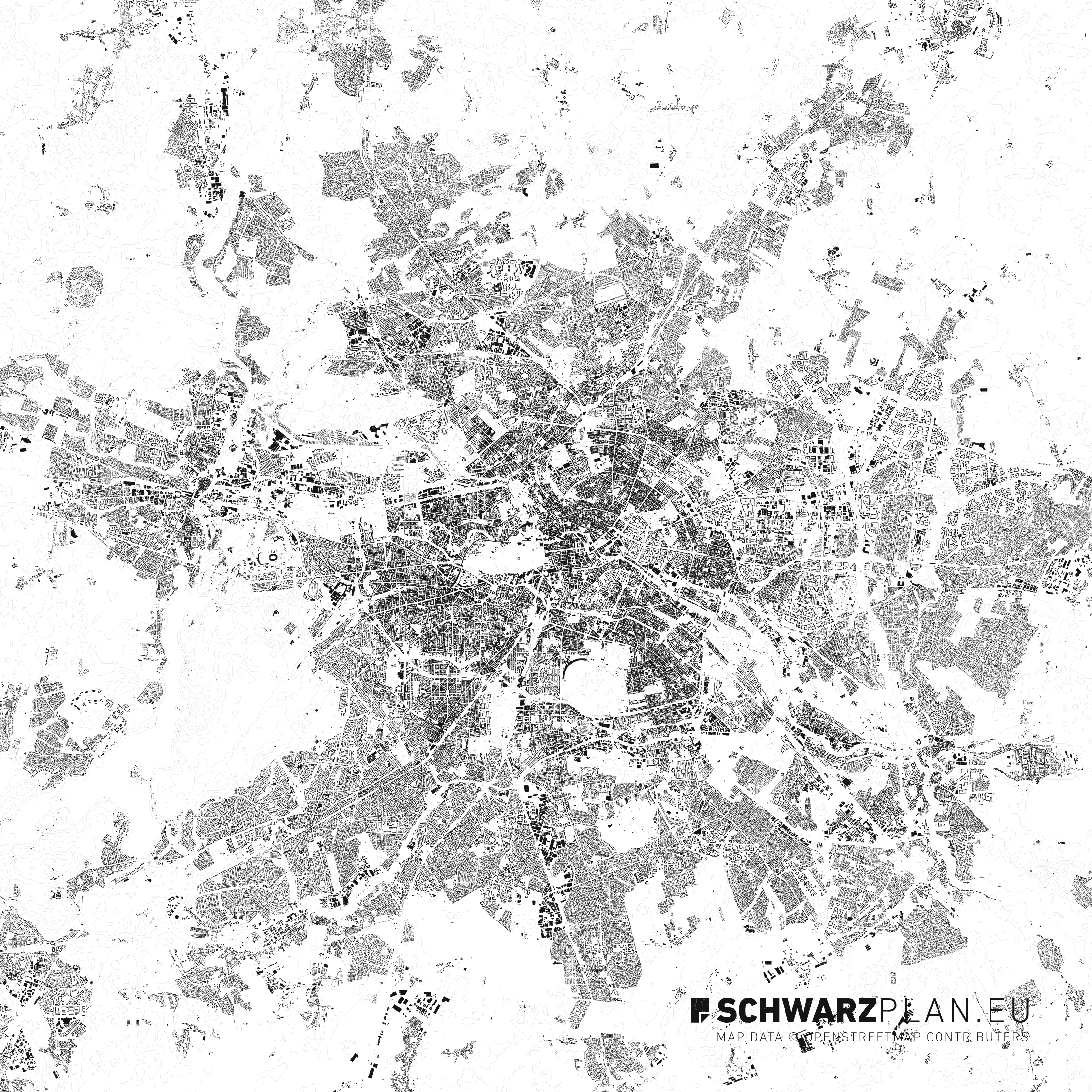Schwarzplan von Berlin mit Höhenlinien