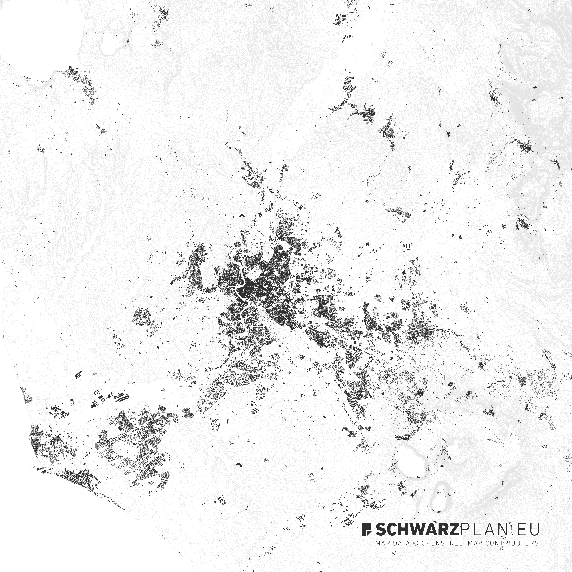 Schwarzplan von Rom in Italien mit Höhenlinien