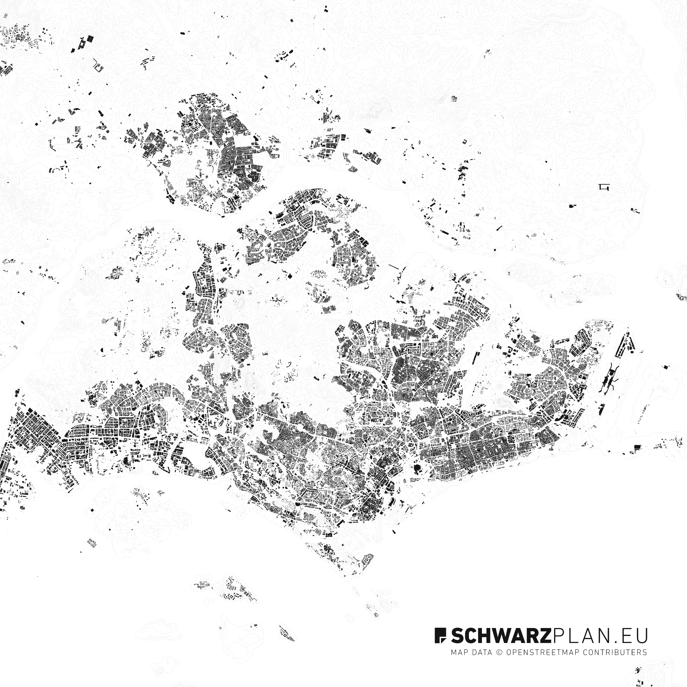 Schwarzplan von Singapur mit Höhenlinien