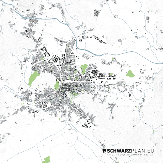 Lageplan von Ljubljana mit Höhenlinien