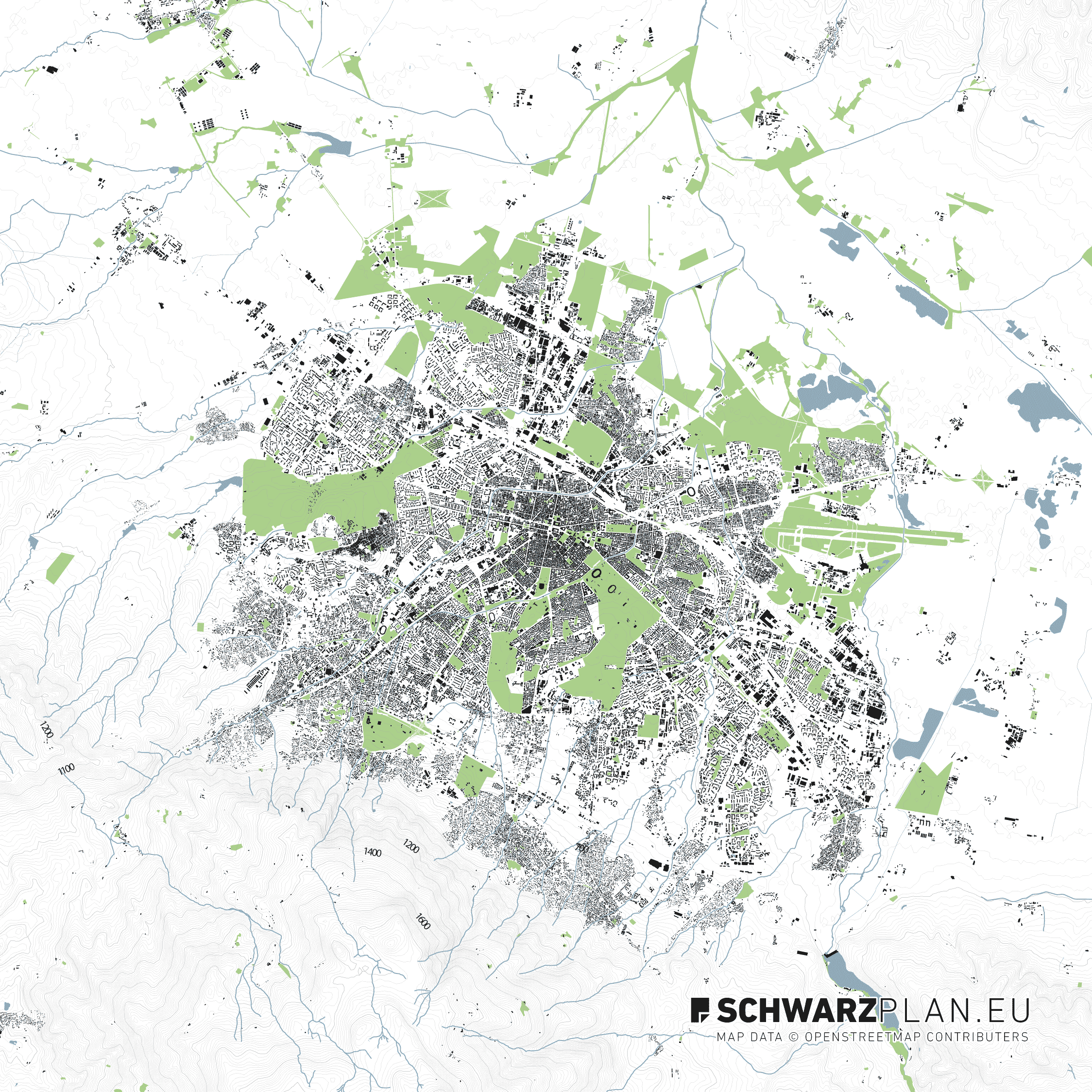 Lageplan von Sofia mit Höhenlinien