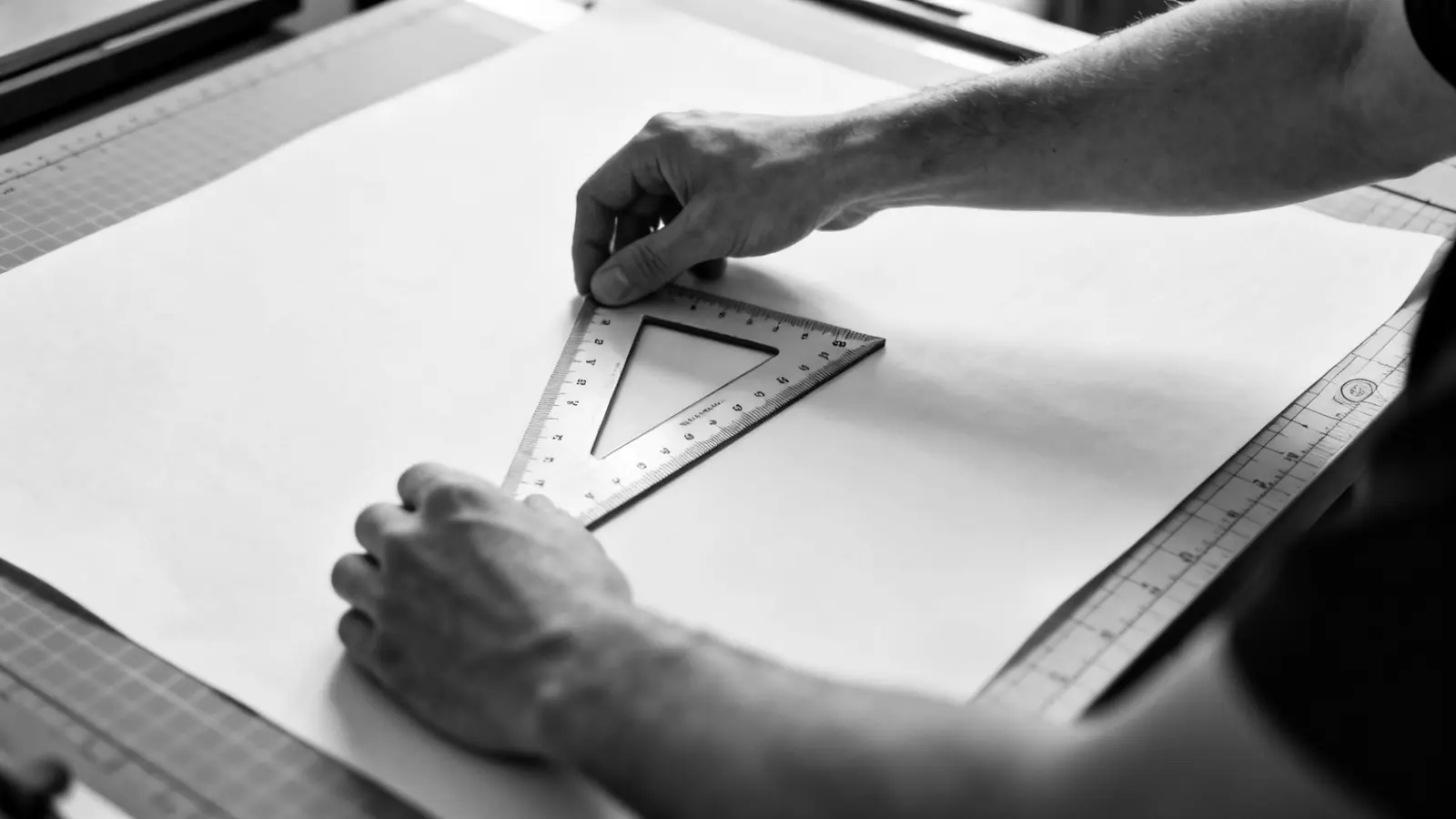 Zwei Hände legen ein Geodreieck auf ein leeres Blatt Transparentpapier am Zeichentisch