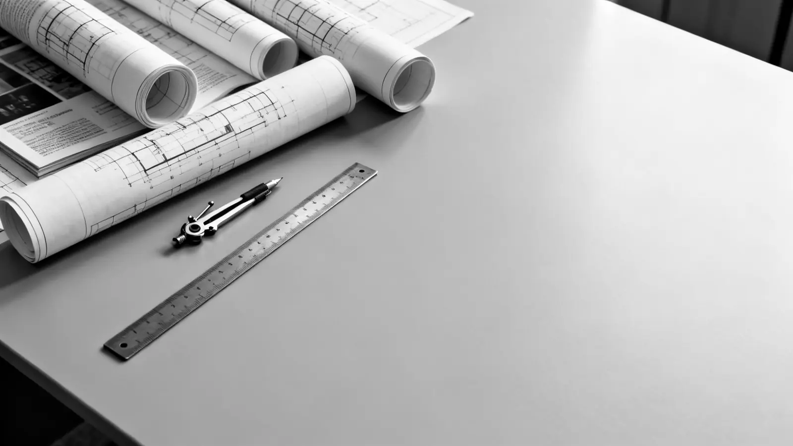 Zusammengerollte Bauzeichnungen, Maßstabslineal und Zirkel auf einem Architektenschreibtisch