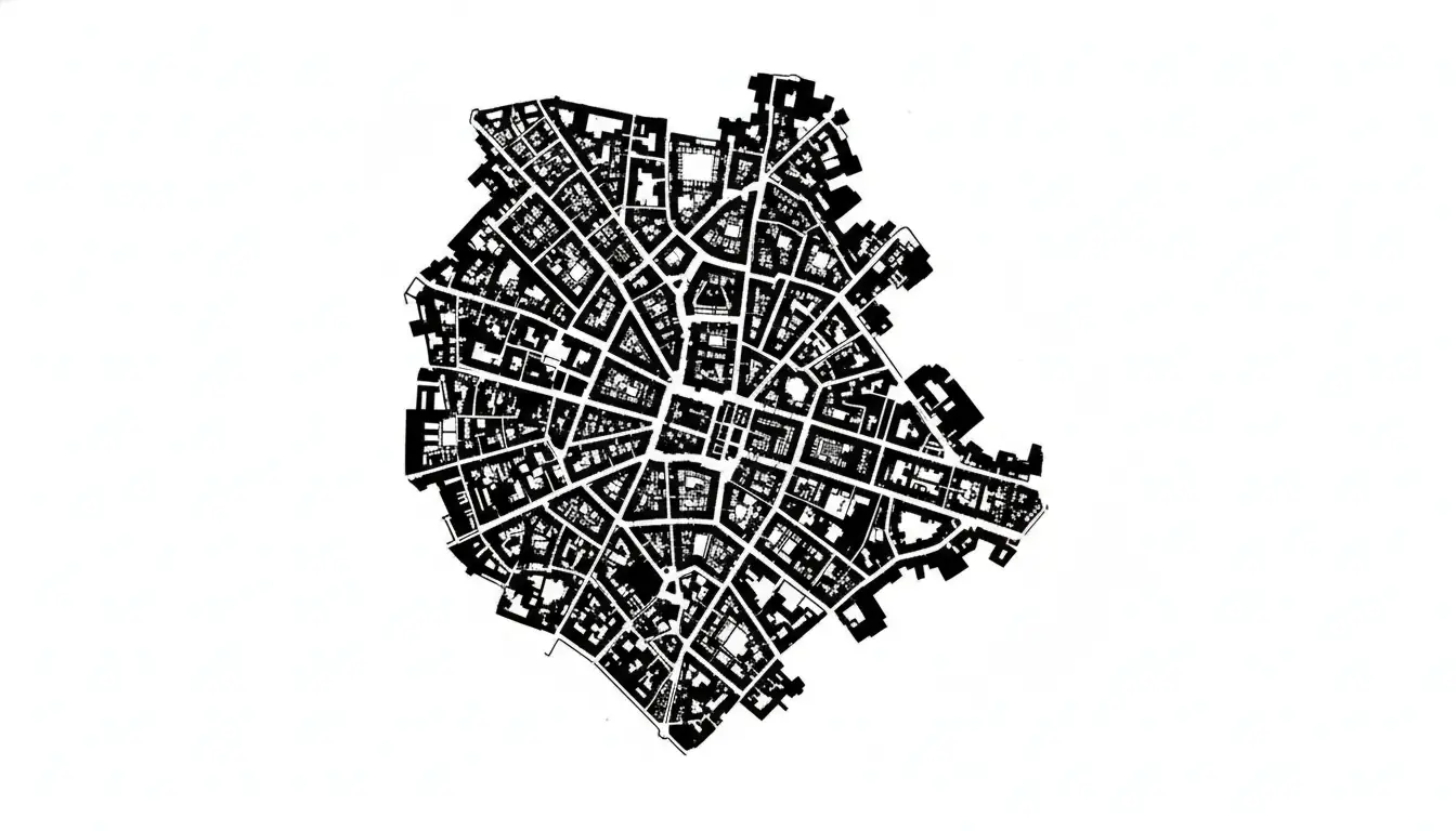 Figure-ground plan of a European old town: black building footprints, white streets and squares, seen from above