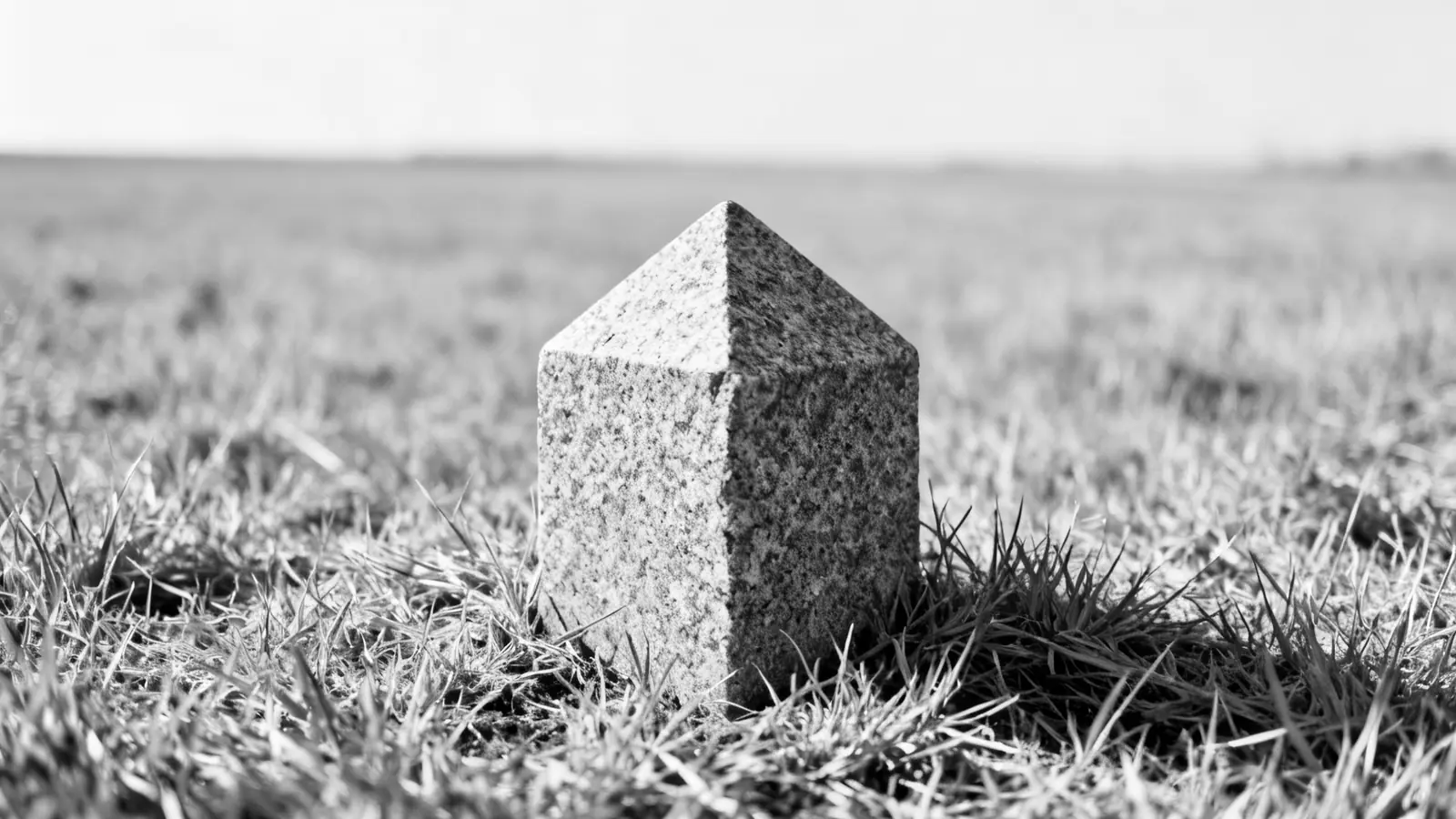 Grenzstein aus Granit an einer Grundstücksecke im Gras
