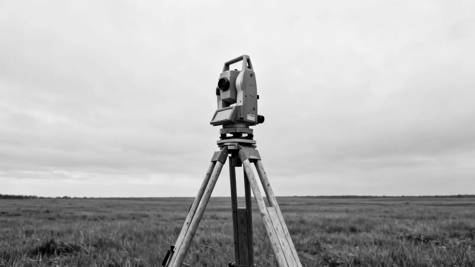 Tachymeter auf einem Holzstativ allein auf einer flachen Wiese unter bedecktem Himmel
